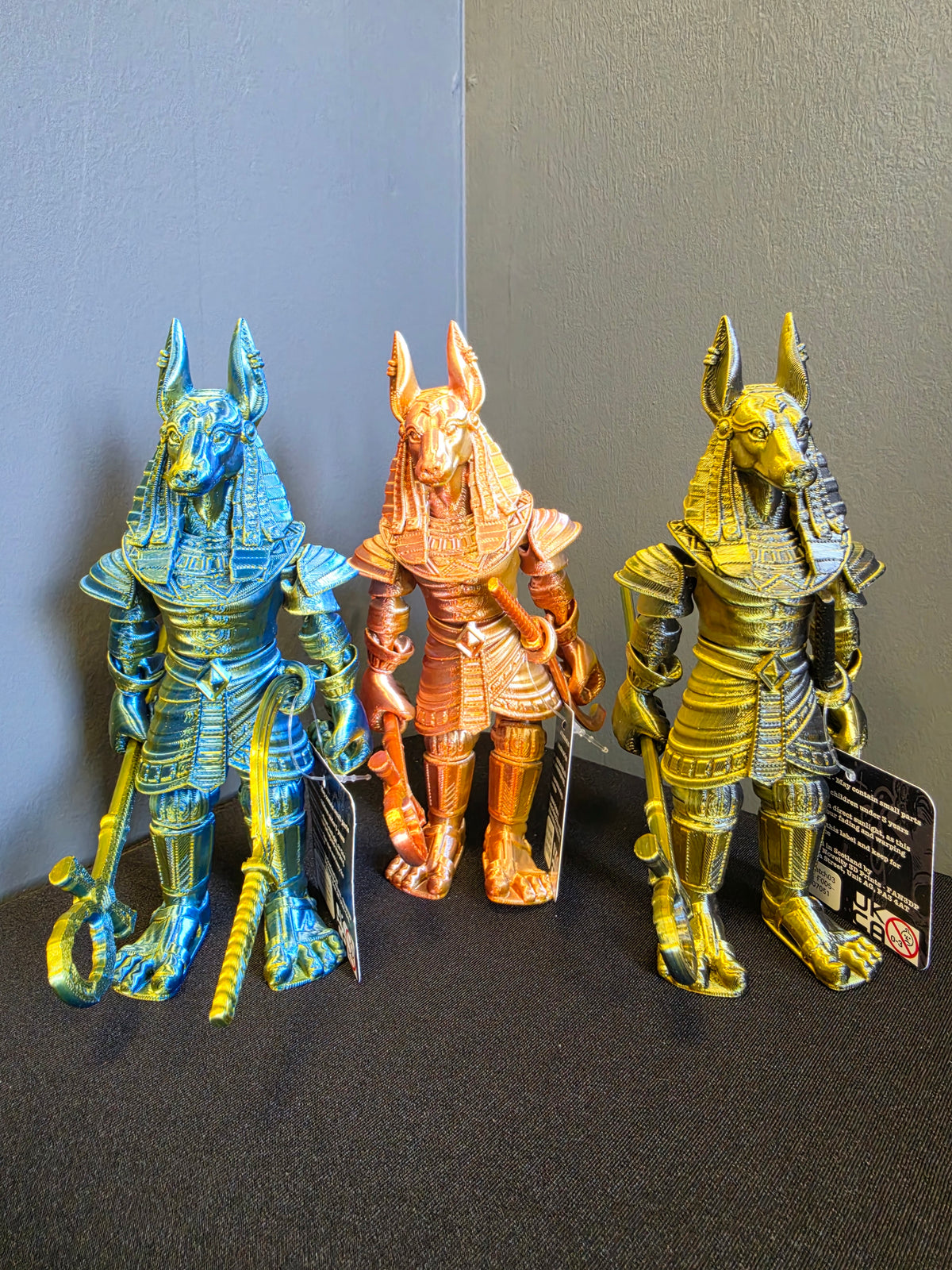 Articulated Anubis Egyptian god toy in Black and Gold, Blue and Gold, or Gold, Silver and Copper
