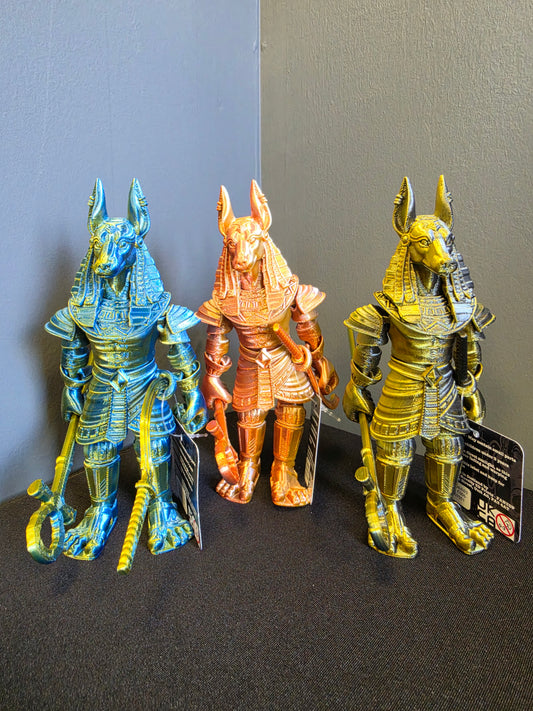 Articulated Anubis Egyptian god toy in Black and Gold, Blue and Gold, or Gold, Silver and Copper
