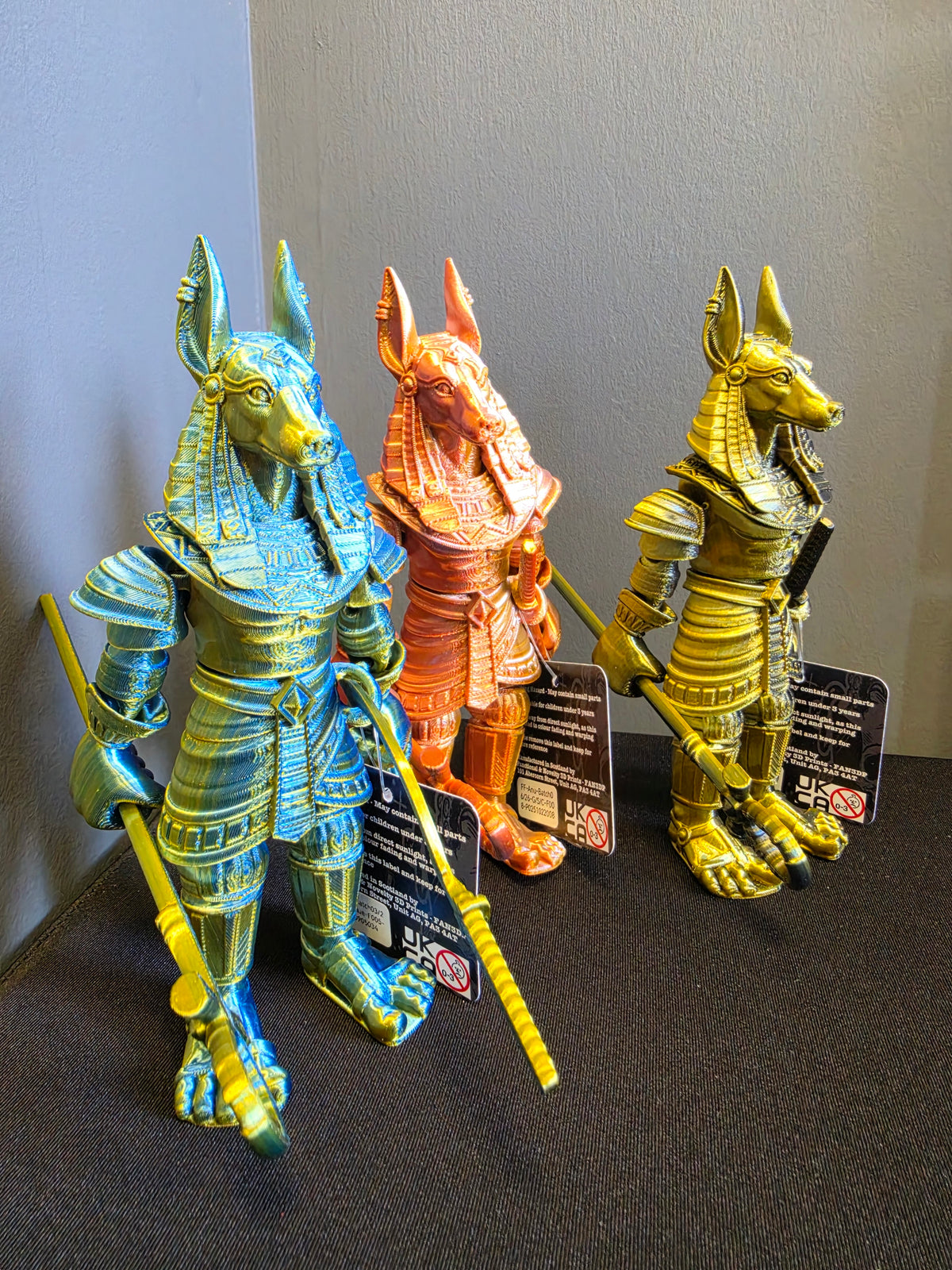 Articulated Anubis Egyptian god toy in Black and Gold, Blue and Gold, or Gold, Silver and Copper
