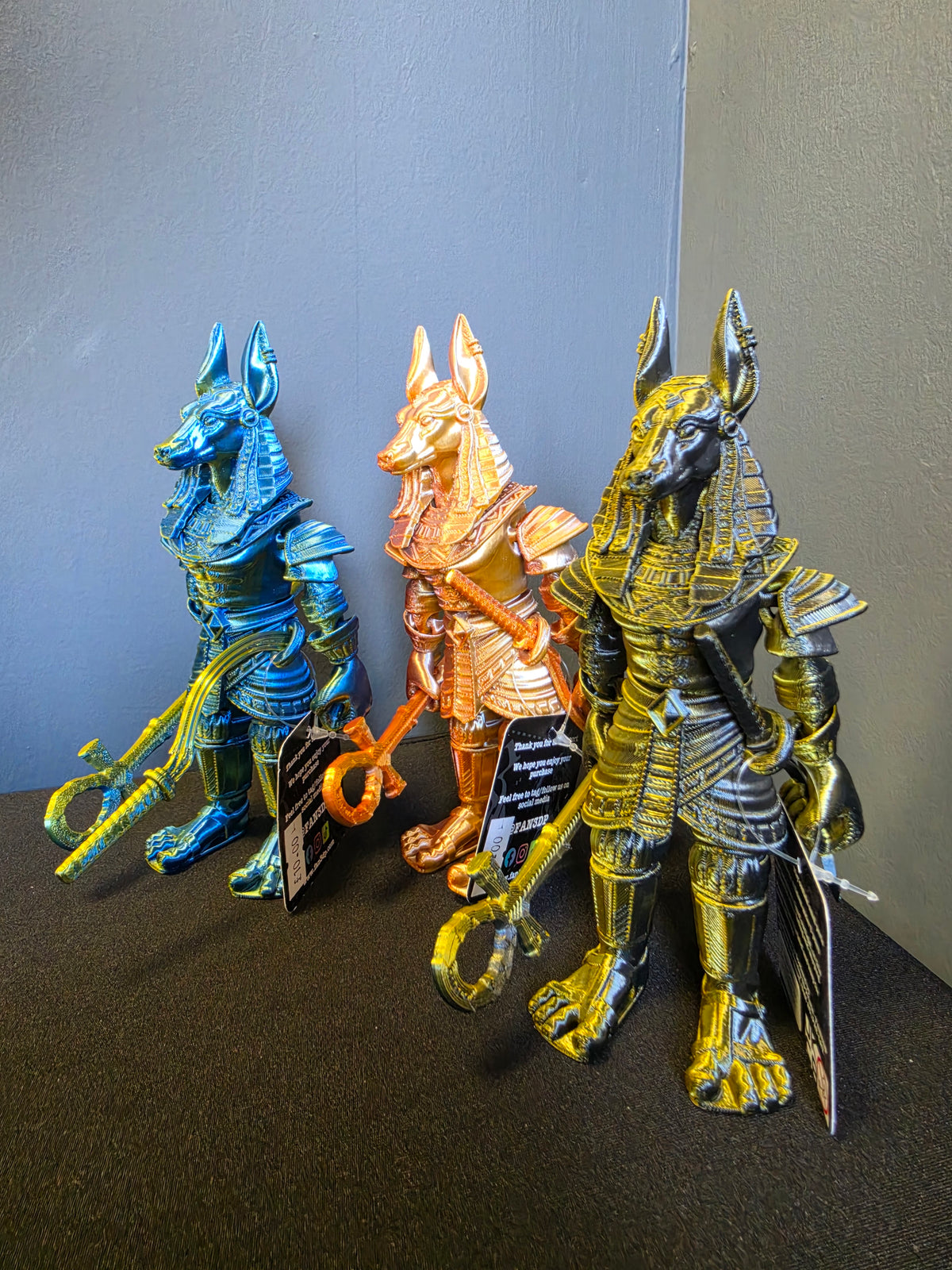 Articulated Anubis Egyptian god toy in Black and Gold, Blue and Gold, or Gold, Silver and Copper