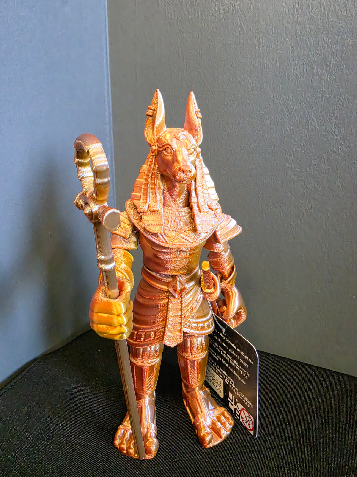 Articulated Anubis Egyptian god toy in Black and Gold, Blue and Gold, or Gold, Silver and Copper
