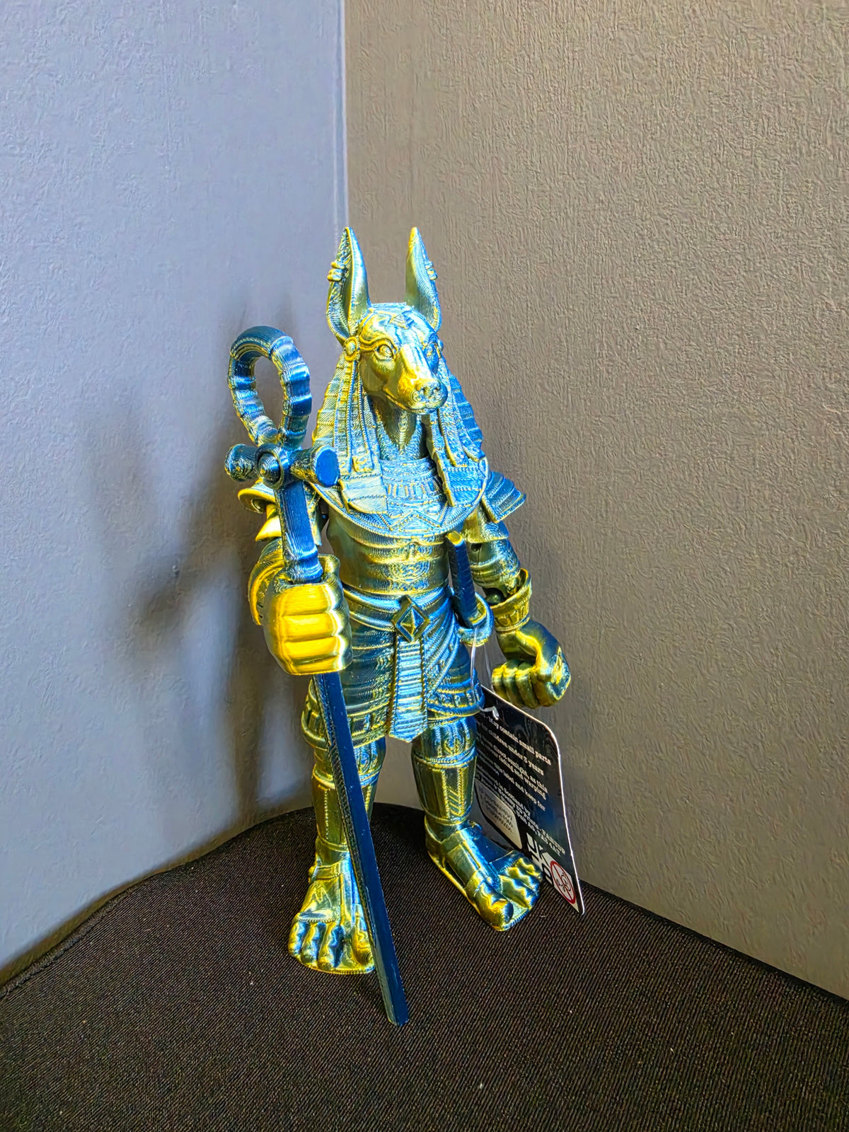 Articulated Anubis Egyptian god toy in Black and Gold, Blue and Gold, or Gold, Silver and Copper