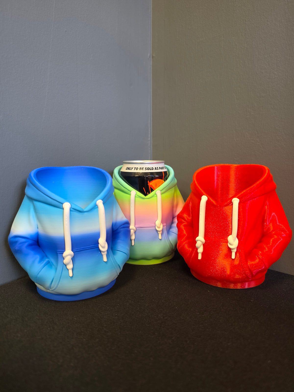 PLA Hoodie Can Holder for a standard 330ml drinks can in Red, Glacier Blue, Macaron Rainbow.