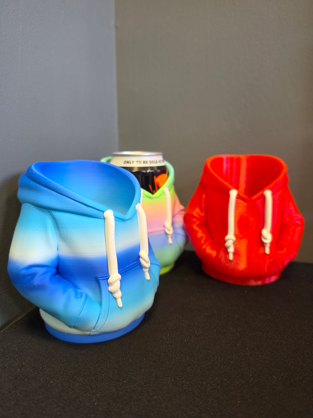 PLA Hoodie Can Holder for a standard 330ml drinks can in Red, Glacier Blue, Macaron Rainbow.