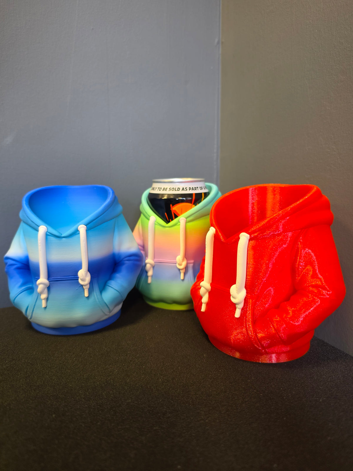 PLA Hoodie Can Holder for a standard 330ml drinks can in Red, Glacier Blue, Macaron Rainbow.