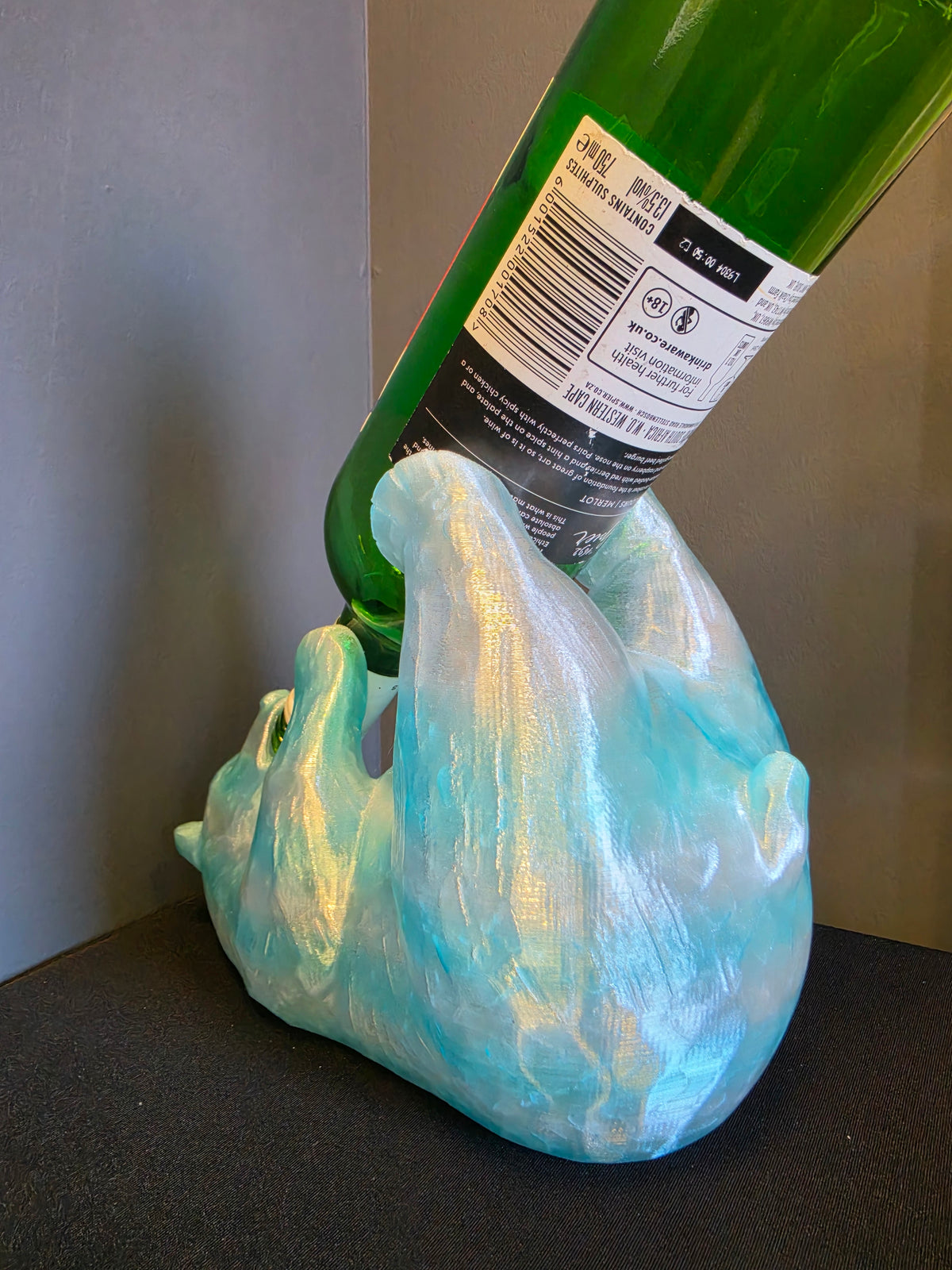 Boozy Bear PETG wine bottle holder displaying a green wine bottle